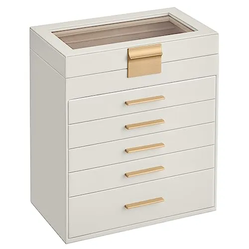 SONGMICS Schmuckkästchen mit Glasdeckel, 6 Ebenen, 5 Schubladen | Schmuckaufbewahrung für Sonnenbrillen, glamourös, wolkenweiß-hellbraun, GISELLA Kollektion JBC171W01