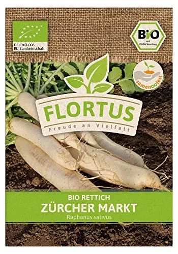 FLORTUS BIO Rettich Zürcher Markt | Gemüsesamen | Rettichsamen | Samen zur Anzucht für Garten, Balkon, Küche & Fensterbank