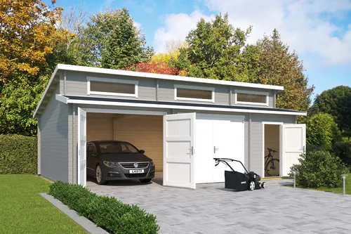 Garage Stufendach 44 mm Hawaii mit Holztor grau 820x520 cm - Gartenhaus, inklusive abschließbarem Holztor und 39.4 m² Nutzfläche, ideal für sichere Aufbewahrung und vielseitige Nutzung im Garten.