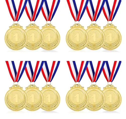 SULOLI 12 Stück Medaillen, Medaillen für Kinder aus Metall mit Nackenband, Preismedaille für Schulsport, Party Spiel Wettbewerb Preise (Gold)