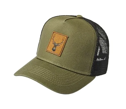 Baddery Kinder Trucker Cap - „Hirsch mit Leder-Patch“ - Outdoor Basecap für Jungen & Mädchen (Olivgrün-Schwarz)
