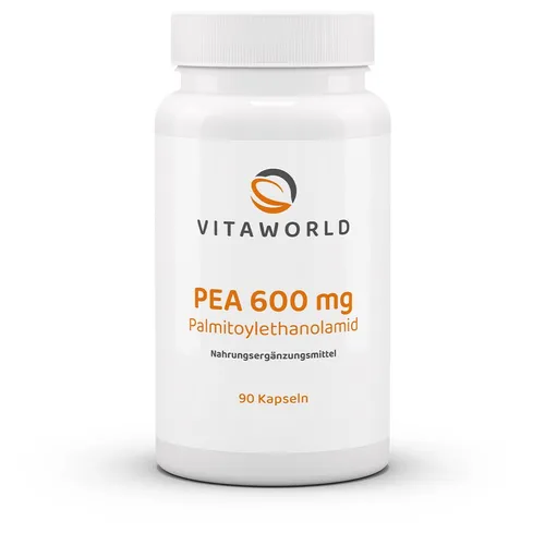 Vitaworld PEA 600 mg Palmitoylethanolamid | 90 Kapseln - Nahrungsergänzungsmittel zur Unterstützung des Wohlbefindens, enthält 600 mg Palmitoylethanolamid pro Kapsel, hergestellt in Deutschland.
