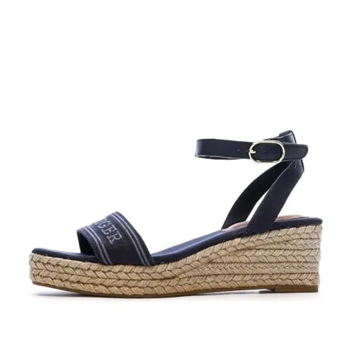 TOMMY HILFIGER ESPAD MID WEDGE Damen Keilsandalette - Modische Riemchensandale aus Textil und Leder in dunkelblau, ideal für den Sommer mit verstellbarer Schnalle und komfortablem Keilabsatz.