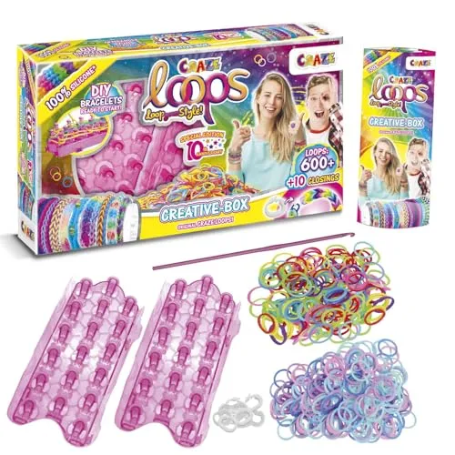 CRAZE LOOPS | Loom Bänder Kreativ Box mit 600 Gummibänder, Verschlüsse, Knüpfboards & Häkelnadel