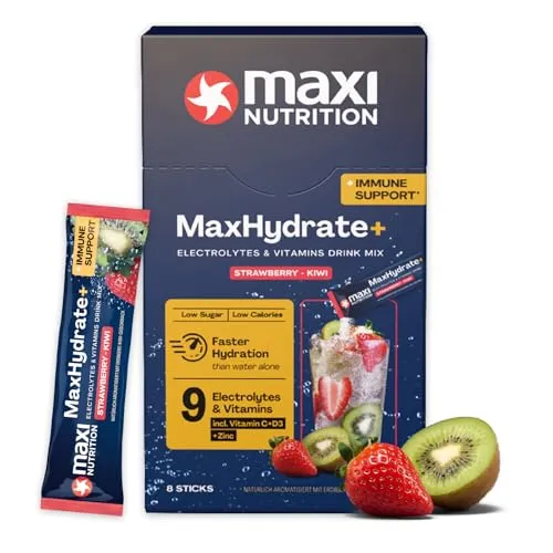 MaxNutrition MaxHydrate+ Immun Elektrolyte 8 Sticks á 1.389 mg Elektrolyten, Vitamin C + D3 & Zink, Isotonisches Getränkepulver; Bessere Versorgung mit Flüssigkeit, Strawberry Kiwi, Vitamin Drink