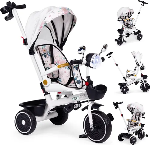 Dreirad-Kinderwagen für Kinder mit Drehsitz, Schiebegriff und Verdeck, ECOTOYS