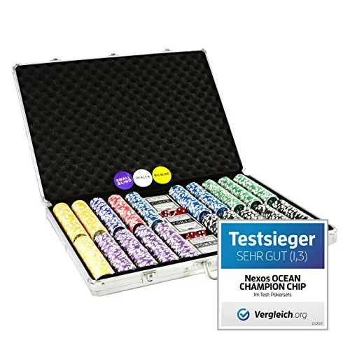 Nexos Trading Pokerkoffer 1000 abgerundete Ocean Champion Chips hochwertige Metallkern Jetons 12 g Pokerset 3 Pokerdecks Aluminiumkoffer Black Jack Texas Holdem