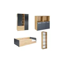Kinderzimmer 4er-Set Alessio, mehrfarbig - Jugendzimmer-Set mit bodennahem Kinderbett für selbstständiges Ein- und Aussteigen, pflegeleichte Oberfläche und hochwertige Artisan-Oak-Nachbildung.