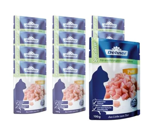 Dehner Premium Katzenfutter Sensitive, Nassfutter, für ernährungssensible Katzen, Pute, 12 x 100 g Beutel (1.2 kg)
