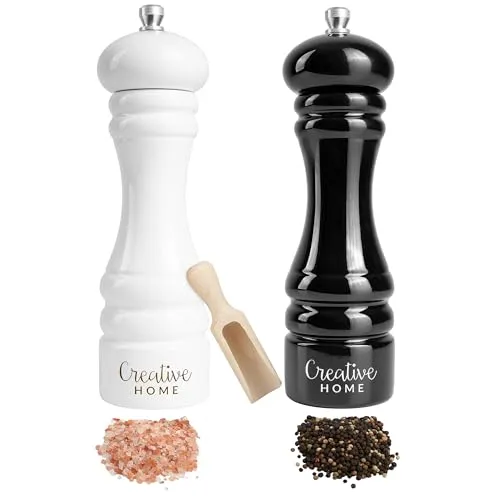 Creative Home Salz Pfeffermühle Set von 2 | Holz Mühlen in Weiß Schwarz mit Mini-Schaufel | 18cm Höhe