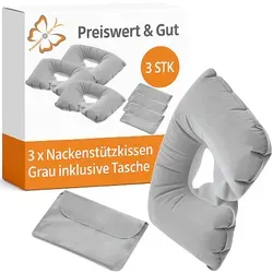 Nackenkissen 3er Set Grau – Nackenhörnchen für Reisen – weiches Nackenstützkissen mit praktischer Aufbewahrungstasche – ideal für Flugzeug, Auto, Bahn & Urlaub