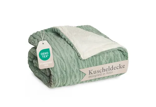 Blumtal Wohndecke mit Sherpa-Innenseite - Oeko-TEX zertifizierte Kuscheldecke mit stilvollem Zopfstrickmuster. Weich und pflegeleicht, ideal für gemütliche Stunden zu Hause. Waschmaschinenfest bei 30°C.