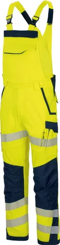 vizwell Arbeitslatzhose Warnschutz HiVis orange-gelb - Hochwertige Latzhose für den professionellen Einsatz mit elastischen Materialien für optimale Bewegungsfreiheit. Reflektierende Streifen sorgen für Sicherheit und Sichtbarkeit. Praktische Taschen und robuste Verarbeitung garantieren Langlebigkeit.