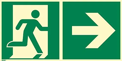 Notausgang rechts Schild, Aluminium langnachleuchtend 400 x 200 mm - Wetterfestes Rettungszeichen aus feuerbeständigem Aluminium, ideal für Innen- und Außenbereiche. Klare Kennzeichnung des Notausgangs, geprüft nach ASR A1.3 / ISO 7010, für Sicherheit in jedem Gebäude.