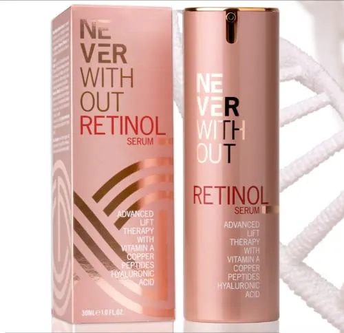 NeverWithout Retinol Serum 0,5% mit Hyaluron und straffenden Kupfer Peptiden - reduziert Falten, stimuliert Kollagen, strafft - Revitalisierung pur für die Nacht. Retinol Creme, 30ml