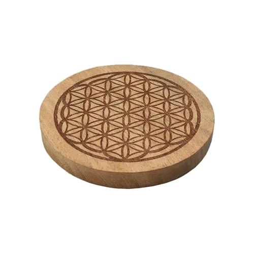 NKlaus Blume des Lebens Untersetzer aus Mangoholz Ø 12,5 cm – rund & graviert, harmonisierende Deko für Heilsteine, Gläser, Teelichter & Rituale 16756
