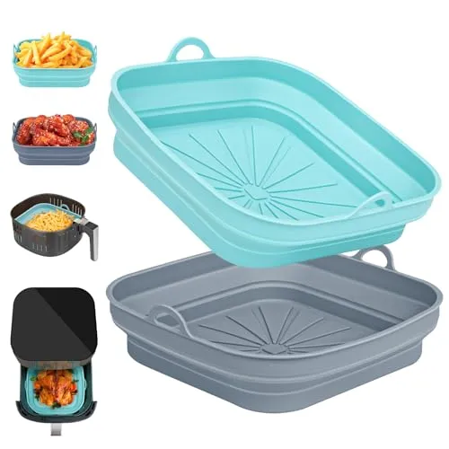 Silikonform für Heißluftfritteuse, 2Stück Quadratisch Silikon Airfryer Form, Wiederverwendbar Silikoneinsatz Zubehör für Air Fryer, Mikrowelle, Ofen(Blau+Grau)