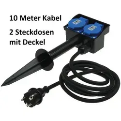 ChiliTec Gartensteckdose 22034, 2-fach mit Erdspieß und 10 m Kabel - Steckdosen & Zubehör, spritzwassergeschütztes Gehäuse (IP44) aus witterungsbeständigem Kunststoff für sichere Nutzung im Freien.