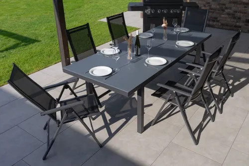 OUTFLEXX Premium Garten-Essgruppe mit Ausziehtisch und Klappstühlen