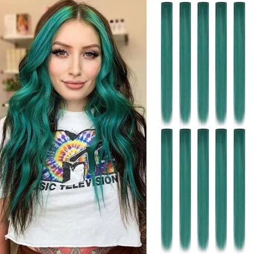 MOSCSMDY 10 Stück Haarverlängerungen für Mädchen Perücke Stücke Clip in farbigen Haarverlängerungen für Erwachsene Bunte Haarteile Party Highlights Mehrere Farben(Tiefblaugrün)