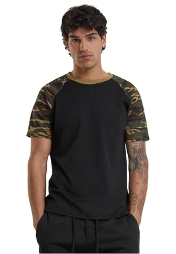 Urban Classics Herren Raglan Contrast Tee – Kurzarm T-Shirt aus Baumwolle mit farblich abgesetzten Ärmeln im sportlichen Raglan Stil für Freizeit & Streetwear,Blk/Woodcamo,M