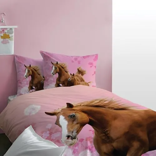 Matt&Rose Mädchen Bettwäsche mit Pferdemotiv 135x200 cm in pink von AYhome
