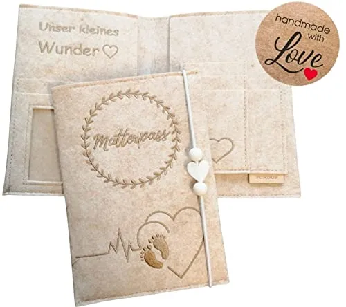 Pundus - Premium Mutterpasshülle Filz Beige, Organizer Schutzhülle für Mutterpass,süßes Geschenk Schwangerschaft,Dokumententasche Tasche mit vielen Fächern Ultraschallbilder vom Baby und vieles mehr