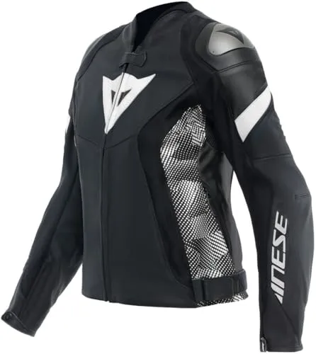 Dainese Avro 5 Lederjacke Damen - Schwarz/Schwarz/Weiß - 44 - Motorradjacke aus feinem Tutu-Rindsleder mit innovativen Stretch-Einsätzen für maximalen Komfort und Bewegungsfreiheit, ideal für sportliche Fahrten.