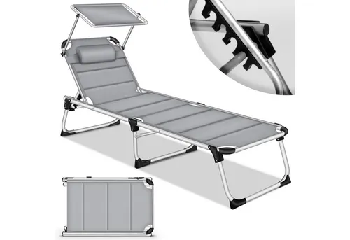 tillvex® Sonnenliege mit Dach und Kopfkissen Grau - Klappbar und Verstellbar - Camping-Möbel mit 5-fach verstellbarer Rückenlehne und stufenlos einstellbarem Sonnendach für optimalen Komfort und Schutz vor Sonne. Leicht und platzsparend, ideal für Garten oder Strand.