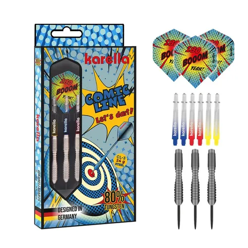 Steeldart Karella Comic Line CL-3 24g - 80% Tungsten Dart Pfeil Set - Pfeile für Steeldart mit 80% Tungsten, leicht und präzise, ideal für Spieler jeden Levels. Inklusive praktischer Box für sicheren Transport.