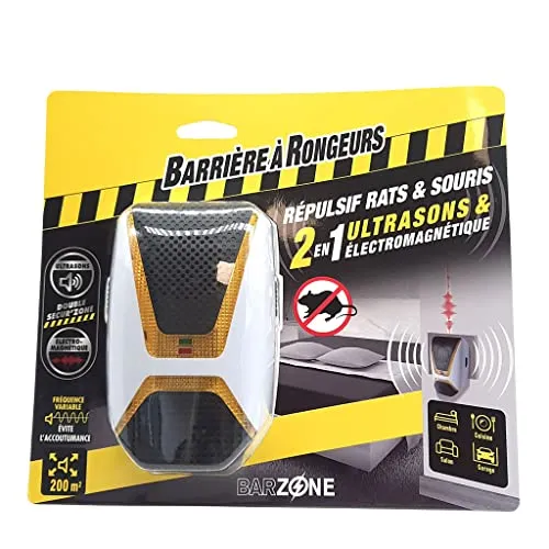 BARRIERE A RONGEURS Ultraschall-Abwehrmittel für Ratten und Mäuse - Nagetierbekämpfung mit 2-in-1 Ultraschall und elektromagnetischer Technologie, schützt bis zu 200 m², chemiefrei und sicher für Mensch und Haustier.