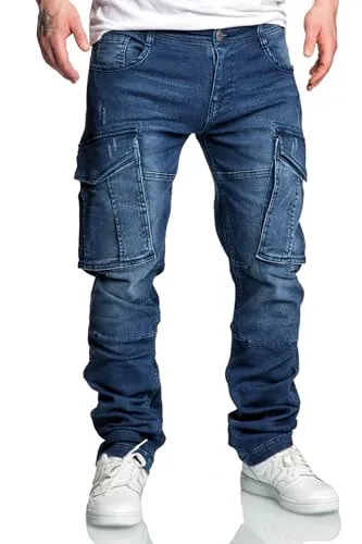 REPUBLIX Herren Sweathose in Stretch Denim Männer Cargo Jogging Jeans R7026 Dunkelblau W34