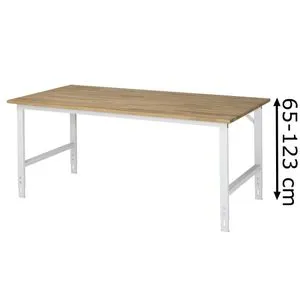 Rau Arbeitstisch Tom, höhenverstellbar 200 x 76-108 cm - Robuster Arbeitstisch aus Buche-Massivholz mit umweltfreundlichem Oberflächenschutz. Ideal für Werkstätten, manuell höhenverstellbar und bis zu 500 kg belastbar. Made in Germany.