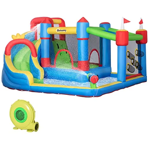 Outsunny Hüpfburg mit Gebläse und Wasserrutsche - Hüpfburg für Kinder ab 3 Jahren mit Wasserspielcenter, Kletterwand und Trampolin – ideal für heiße Sommertage und unvergesslichen Spielspaß im Garten!