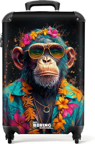 NoBoringSuitcases.com© Hartschalen-Trolley Schimpanse mit Hawaii-Bluse - Trolley für Handgepäck, 4 leichtgängige Rollen und einzigartiges, farbenfrohes Design mit Schimpansen-Motiv - ideal für Reisende, die Spaß und Stil lieben!