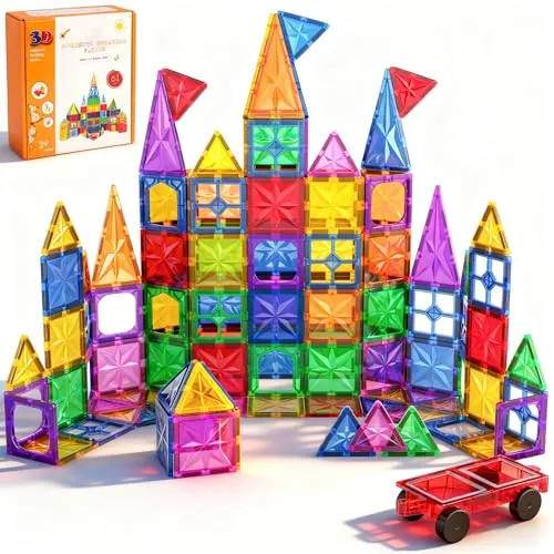 Perbabe Magnetische Bausteine, 61 Teile Magnetbausteine für Kinder mit starken Magneten Magnete Kinder 3D Lernspielzeug STEM Montessori Spielzeug mit Autos Magnetspiel Geschenke für 3 4 5 6 7 Jahre