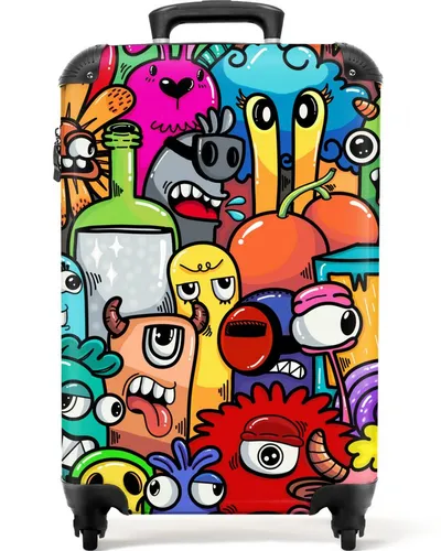 NoBoringSuitcases.com© Kinderkoffer - Regenbogen Design mit Tieren und Monstern, 55x35x20cm - Bunter Hartschalenkoffer für Kinder, ideal als Handgepäck mit 36 Litern Stauraum. Leicht und robust, ausgestattet mit 4 Rollen und TSA-Zahlenschloss für sicheren Transport.