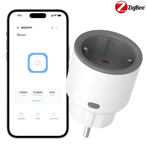 SONOFF S60 Zigbee Smart Steckdose 16A - Intelligente Steckdose für Smart Homes, kompatibel mit Amazon Alexa und Google Home, ermöglicht energiesparende Steuerung per App.