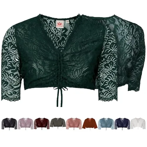 Spieth & Wensky Dirndlbluse Ansbach | Damen Dirndl-Bluse mit V-Ausschnitt | Spitze Kurzarm dunkelgrün 48