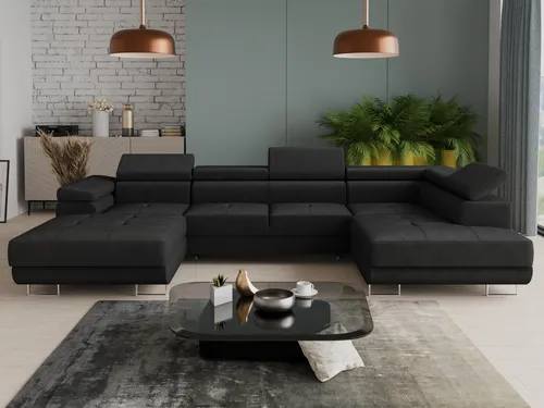 Wohnlandschaft Caris U mit Schlaffunktion und Kopfstützen - Ecksofa mit Schlaffunktion, zwei Bettkästen und einstellbaren Kopfstützen für optimalen Komfort. Ideal für kleine Räume und Übernachtungsgäste.