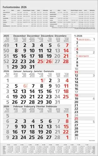 3-Monats-Planer Combi Grau 2026: 3-Monatskalender groß I Wandplaner / Bürokalender mit Datumsschieber, Ferienterminen, Vor-und Nachmonat und Jahresübersicht I extra Streifenplaner I 30 x 47,8 cm