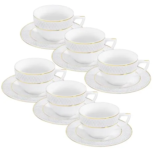 Wilmax Tassen mit Untertassen - Goldmuster 6er-Set - Elegantes Kaffeeservice aus hochwertigem Porzellan mit luxuriösem Golddesign, perfekt für Kaffee, Tee und Desserts. Ideal für besondere Anlässe und stilvolle Entspannung.
