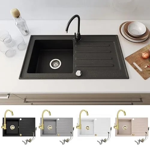 Faizee Möbel Granitspüle 76x44 cm Schwarz mit goldener Armatur - Sanitäranlagen & Zubehör, hochwertige Küchenspüle mit kratzfestem und hitzebeständigem Material, inklusive Siphon-Set für einfache Montage und stilvolles Design.