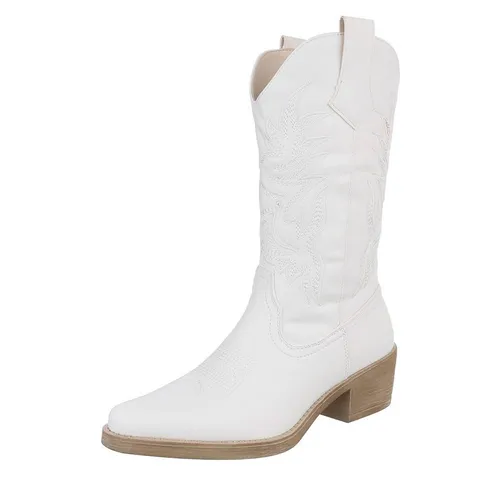 Ital-Design Eleganter Westernstiefel mit Stickerei für Damen (89937872) Blockabsatz Stiefel in Weiß