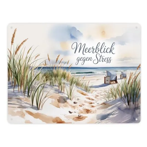 Ostsee Strandkorb Metallschild XXL in 28x38 cm - Meerblick gegen Stress Lustiges Blechschild für Strandkorb-Fans