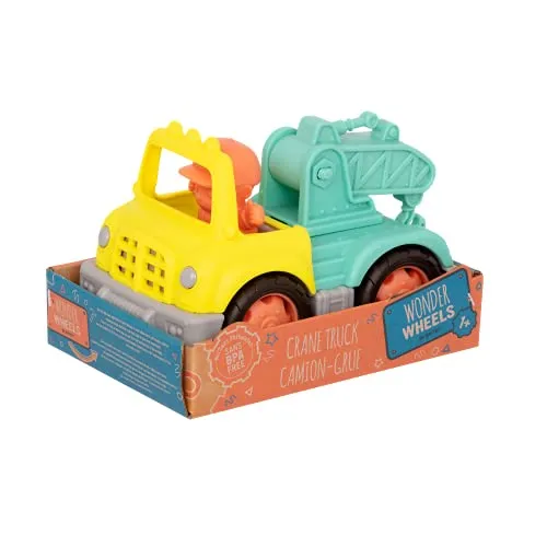 Battat Wonder Wheels by Kranwagen Spielzeug – LKW Spielzeug; abnehmbare Figur – Mini LKW mit beweglichem Kranarm und Haken – Klassisches Spielzeug für Kleinkinder – Spielzeug ab 1 Jahr – Kran