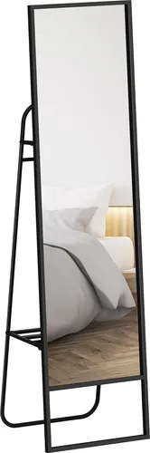 HOMCOM Standspiegel 148,5 x 40 cm, großer rechteckiger Spiegel mit Ablagefläche, 2 Haken und Metallrahmen, für Schlafzimmer, Wohnzimmer und Ankleidezimmer, Schwarz