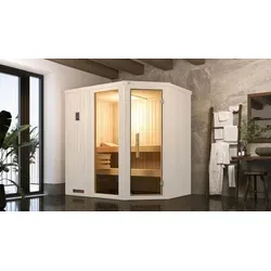 Weka Elementsauna Varberg Trend 1 Weiß Sparset 7,5 kW OS Glastür - Massivholzsauna mit elegantem Design in Graphit-Optik, ideal für kleine Räume. Einfache Montage und hochwertige Materialien sorgen für Komfort und Langlebigkeit.