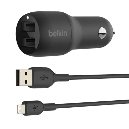 Belkin Dual USB-A Kfz-Ladegerät inkl. Lightning Kabel 1m - Praktisches 24W Autoladegerät mit 2 USB-A Anschlüssen und einem 1m Lightning Kabel für bequemes Laden unterwegs. Ideal für alle, die viel unterwegs sind und ihre Geräte schnell aufladen möchten.