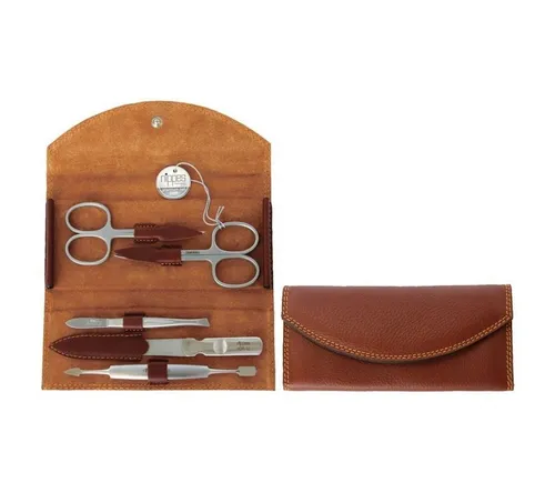 nippes Solingen Classic Maniküre Set - Nageletuis mit 5 rostfreien Edelstahl-Instrumenten und hochwertigem Echt Rindsleder-Etui, ideal für Reisen und perfekte Pflege der Nägel.